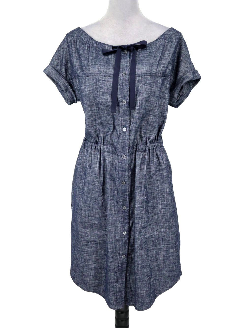 Theory Dress Womens 6 Blue Linen Blend Drawstring Neckline Waist Button up Beach